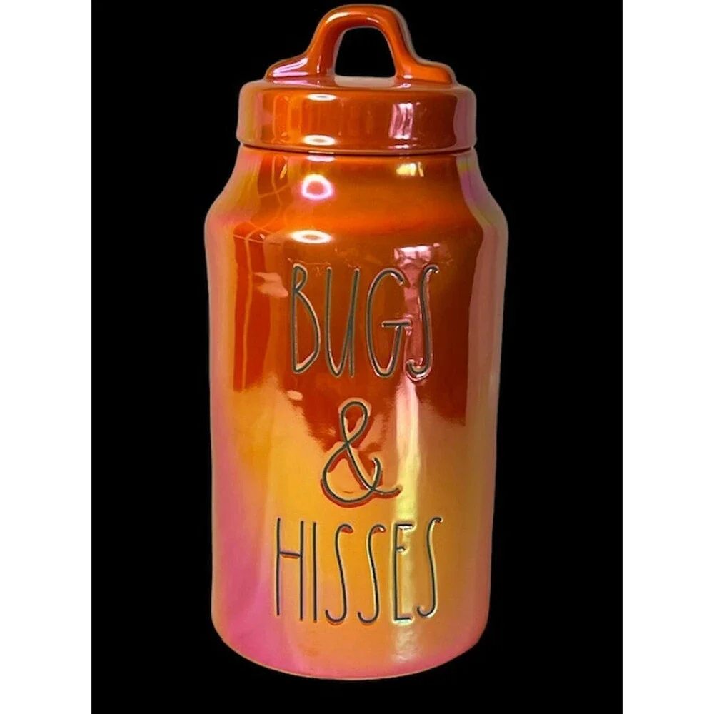 Rae Dunn LL BUGS AND HISSES Halloween Canister in Orange Iridescent Luster Glaze